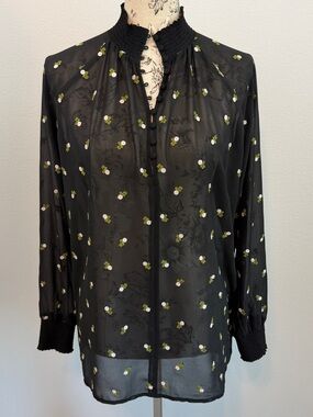 CAbi Black Sheer Blouse with Green and White Floral embroidery